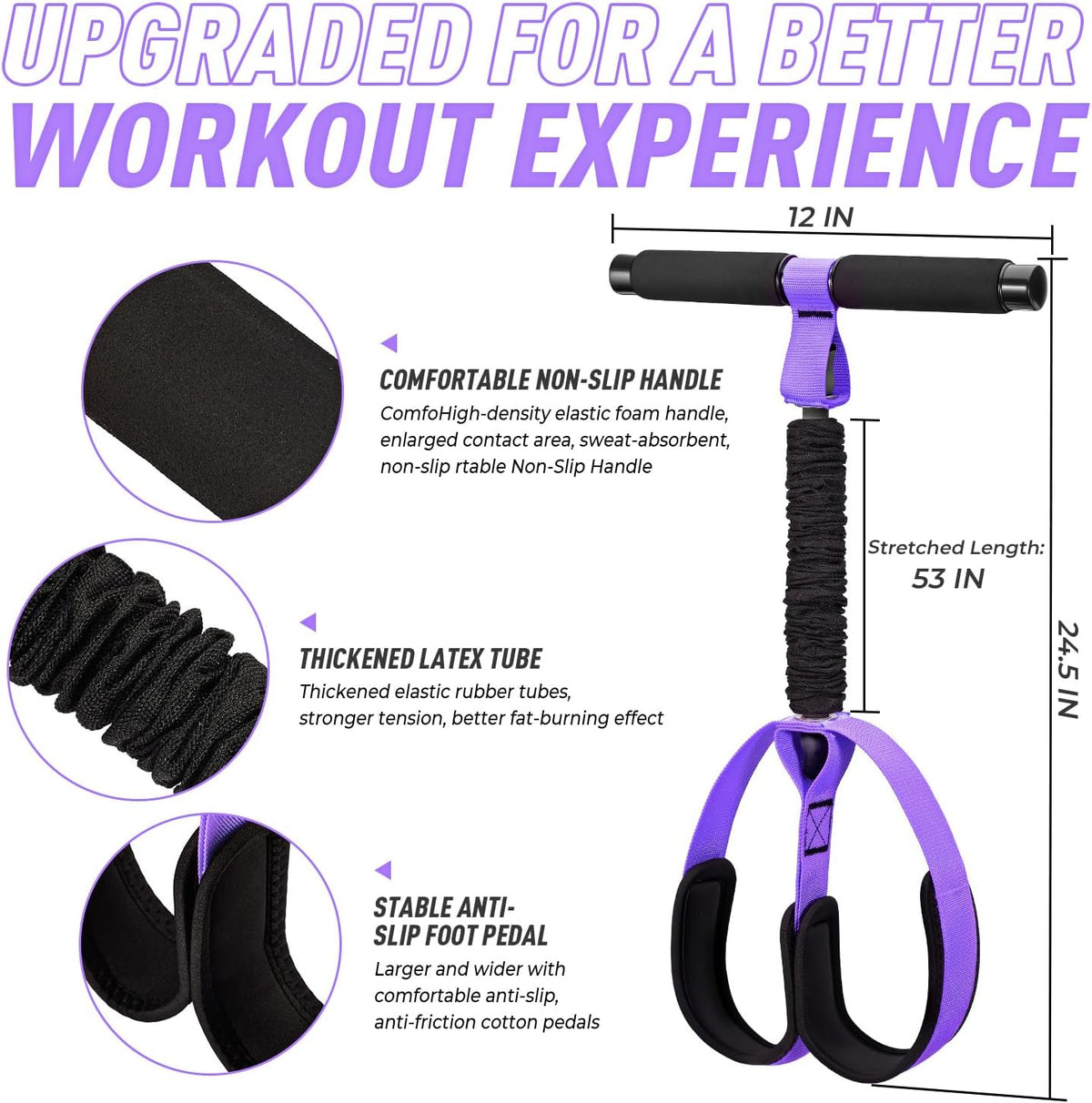 Pedal Resistance Band with Handles for Home Workout, Durable Sit-Up Exercise Band for Core, Abs, Arms and Legs, Portable Resistance Training Equipment - PuriLite