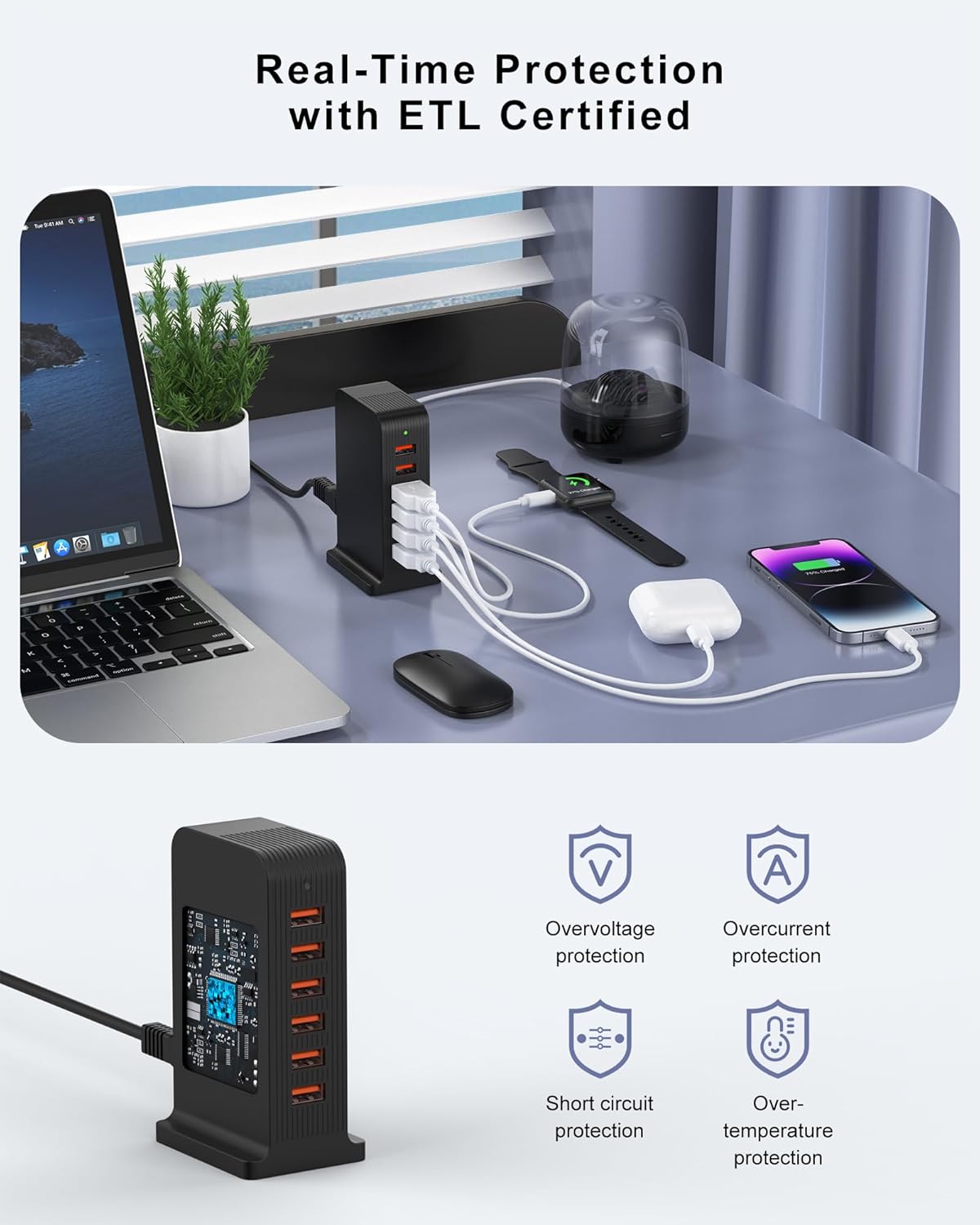 VHBW USB Tower Charging Station for Multiple Devices 50W, Charger Block 6 USB Ports(Shared 10A), Charging Station for Multiple Electronics,Multi Charger (Black) - PuriLite