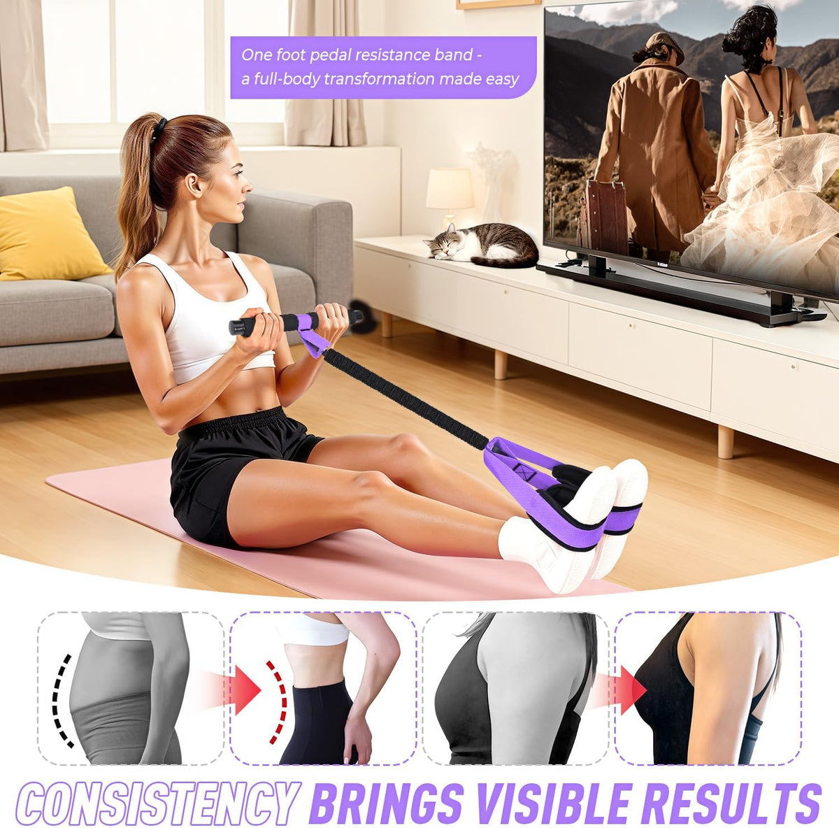 Pedal Resistance Band with Handles for Home Workout, Durable Sit-Up Exercise Band for Core, Abs, Arms and Legs, Portable Resistance Training Equipment - PuriLite