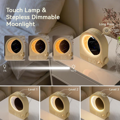 Sunrise Alarm Clock Wake Up Light – Dual Alarm Moon Lamp with Meteor Night Light – Stepless Dimmable Touch Bedside Lamp with White Noise Timer - PuriLite