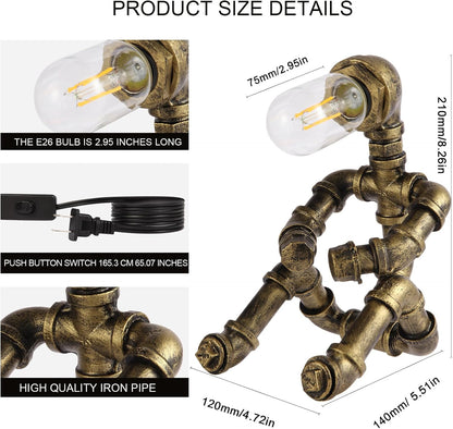 Steampunk Robot Table Lamp – Vintage Industrial Metal Pipe Desk Light – Retro Water Pipe Lamp - PuriLite