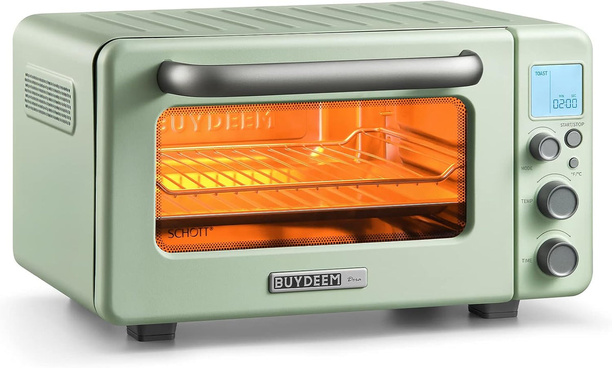 BUYDEEM T103 Multifunction Toaster Oven, No Pre-Heat Needed, 12QT 7-in-1 Mini Smart Digital Toaster Oven with Grill Rack and Baking Tray, 1600W (Cozy Greenish) - PuriLite
