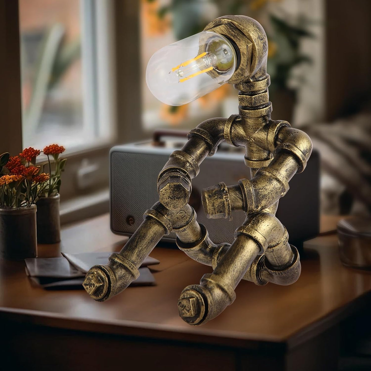 Steampunk Robot Table Lamp – Vintage Industrial Metal Pipe Desk Light – Retro Water Pipe Lamp - PuriLite