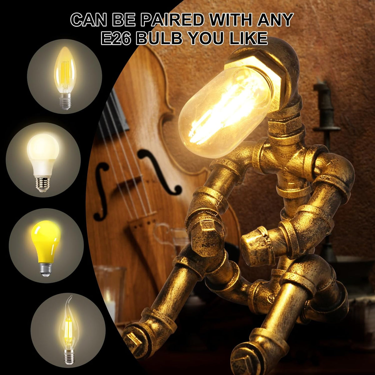 Steampunk Robot Table Lamp – Vintage Industrial Metal Pipe Desk Light – Retro Water Pipe Lamp - PuriLite