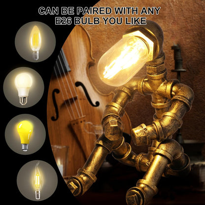 Steampunk Robot Table Lamp – Vintage Industrial Metal Pipe Desk Light – Retro Water Pipe Lamp - PuriLite