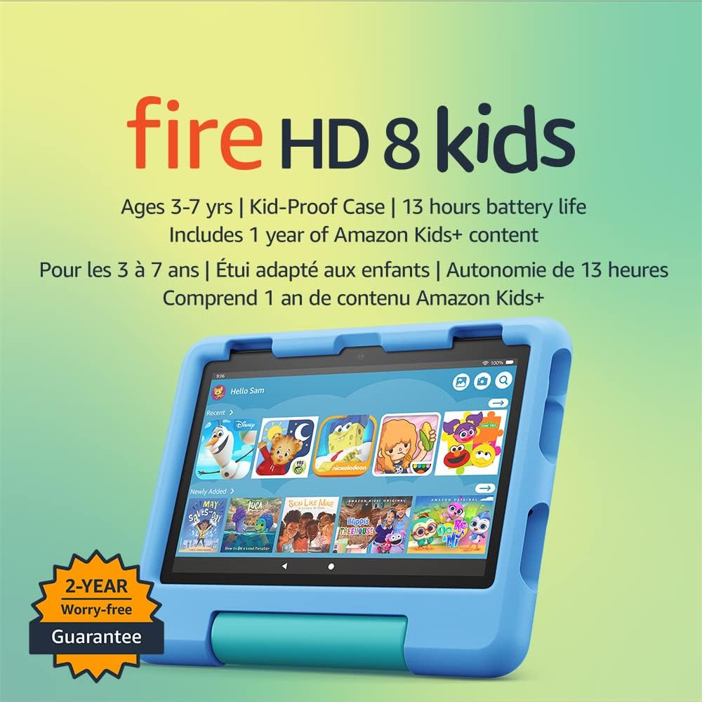 Amazon Fire HD 8 Kids tablet, ages 3-7. Top-selling 8" kids tablet on Amazon - 2022 | ad-free content with parental controls included, 13-hr battery, 32 GB, Blue - PuriLite