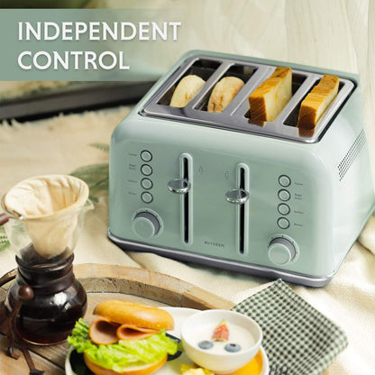 BUYDEEM DT640 4 Slice Toaster, Extra Wide Slots, Retro Stainless Steel with High Lift Lever, Bagel and Muffin Function, Removal Crumb Tray, 7-Shade Settings (Cozy Greenish, 4-Slice) - PuriLite