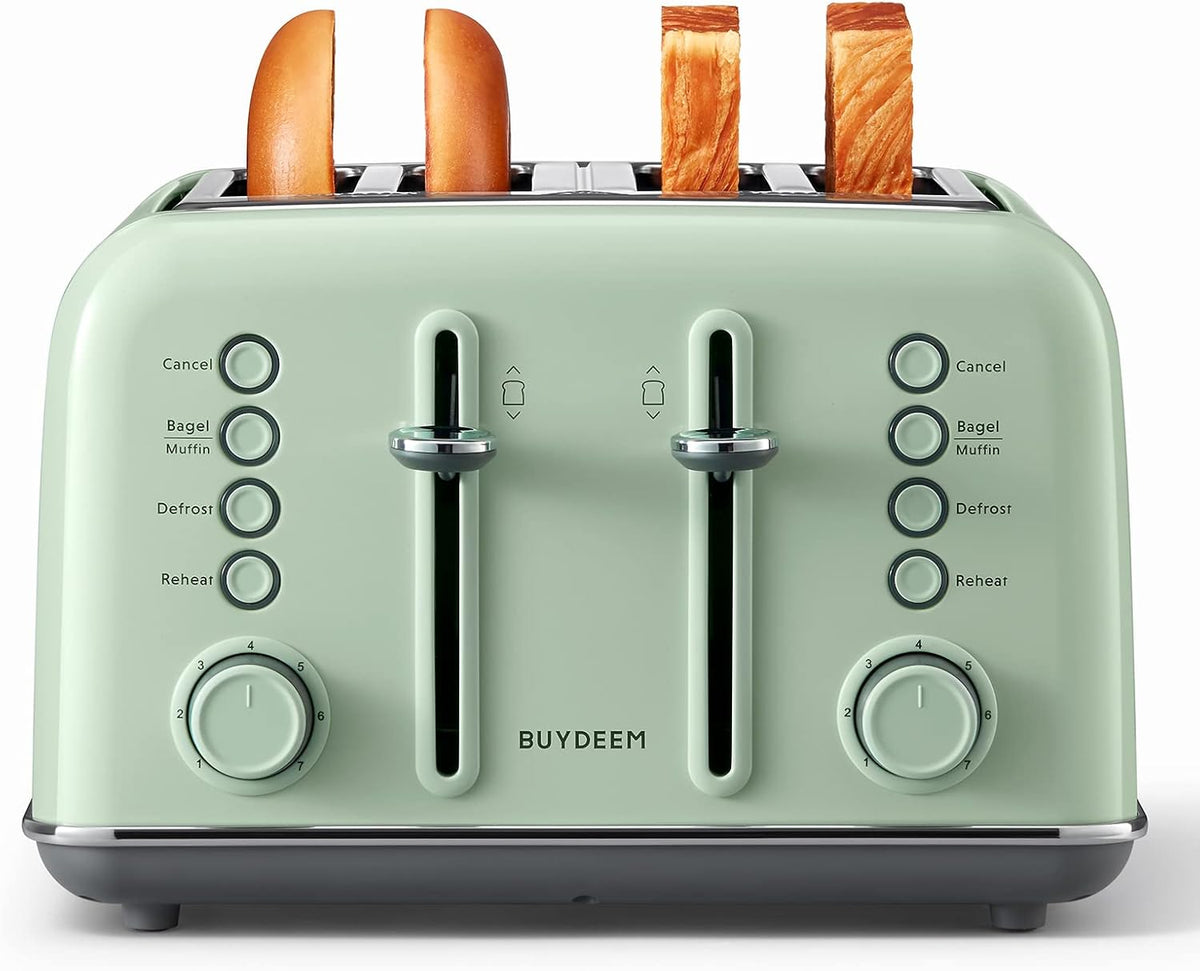 BUYDEEM DT640 4 Slice Toaster, Extra Wide Slots, Retro Stainless Steel with High Lift Lever, Bagel and Muffin Function, Removal Crumb Tray, 7-Shade Settings (Cozy Greenish, 4-Slice) - PuriLite