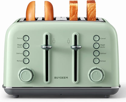 BUYDEEM DT640 4 Slice Toaster, Extra Wide Slots, Retro Stainless Steel with High Lift Lever, Bagel and Muffin Function, Removal Crumb Tray, 7-Shade Settings (Cozy Greenish, 4-Slice) - PuriLite