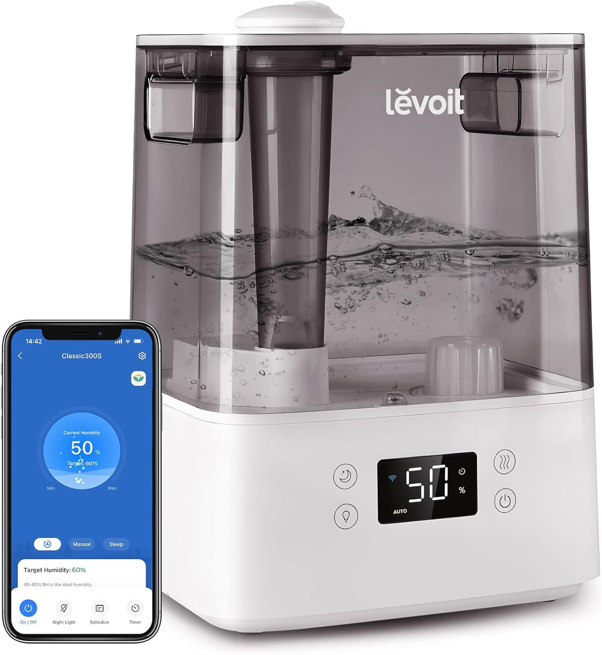 Levoit Humidifier for Bedroom, Cool Mist Humidifiers for Plants, 6L Top Fill Air Humidifier for Large Room, Essential Oil Tray, Smart Control, Work with Alexa, Auto Mode, Night Light - PuriLite