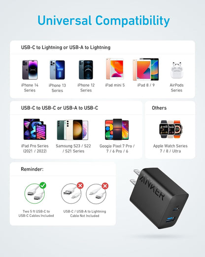 iPhone 15 Charger, Anker USB C Charger, 2-Pack 20W Dual Port USB Fast Wall Charger, USB C Charger Block for iPhone 15/15 Pro/15 Pro Max/iPad Pro/AirPods and More (2-Pack 5 ft USB-C Cable Included) - PuriLite