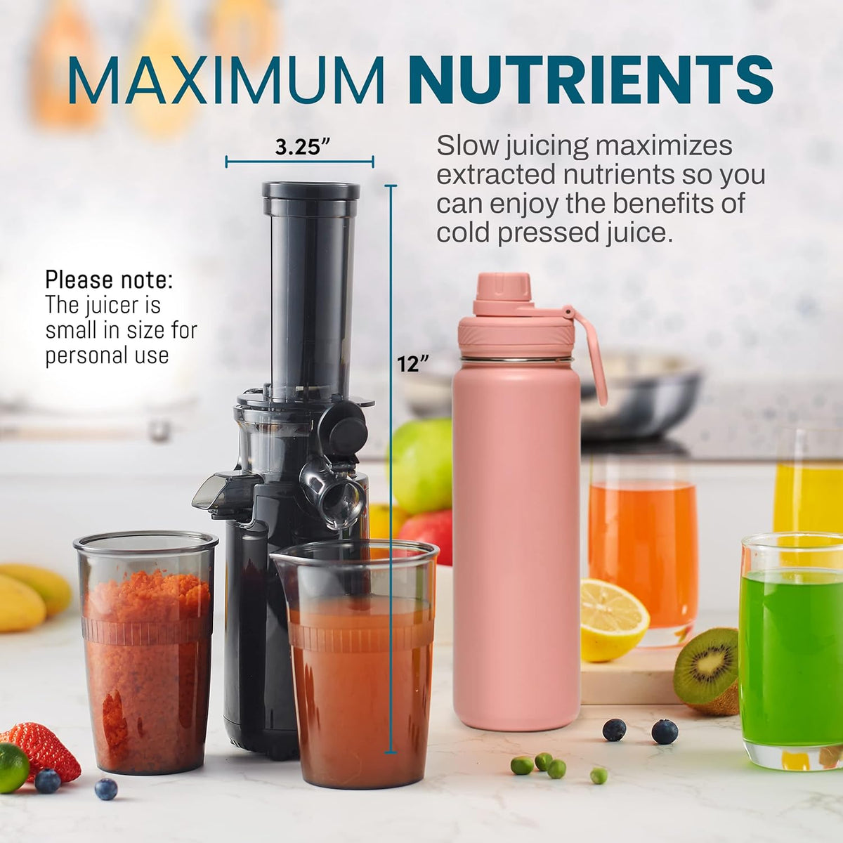 Elite Gourmet EJX600 Compact Small Space-Saving Masticating Slow Juicer, Cold Press Juice Extractor, Nutrient and Vitamin Dense, Easy to Clean, 16 oz Juice Cup, Charcoal Grey - PuriLite