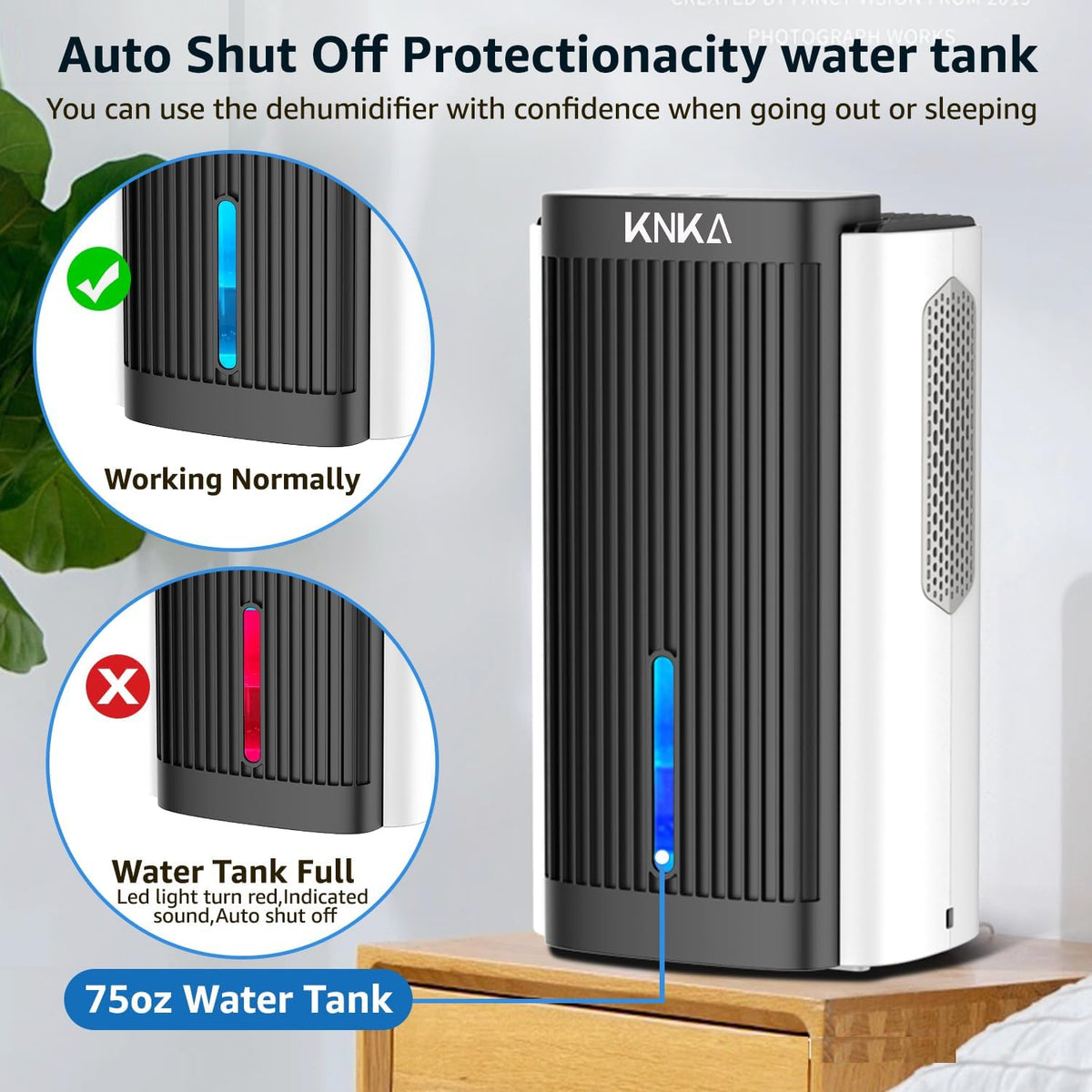 KNKA Dehumidifier,75 OZ Water Tank, (800 sq. ft) Quiet Dehumidifier for Basement, Bathroom, RV, Closet, Bedroom with Auto Shut Off, Sleep Mode,7 Colors LED Light, Dehumidifiers for Home (White/Black) - PuriLite