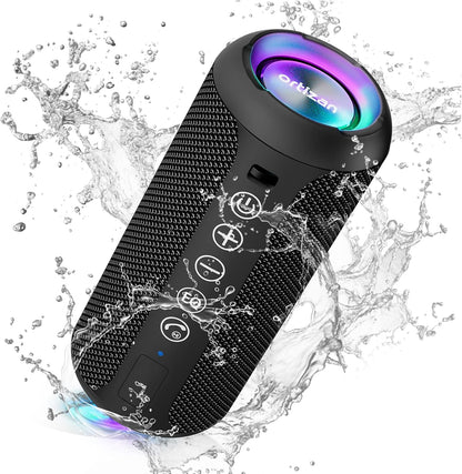 Ortizan Portable Bluetooth Speaker: IPX7 Waterproof, 24W Loud Sound, Deep Bass, Bluetooth 5.3, LED Lights, Wireless Stereo Pairing, 30H Playtime, for Home/Outdoor/Party/Beach, Birthday Gift (Black) - PuriLite