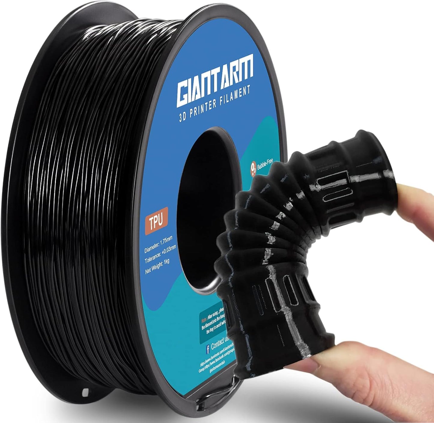 TPU 3D Printer Filament Black, Soft Flexible Filament 95A, Dimensional Accuracy +/-0.05mm, 1KG (2.2LBS), 1.75mm Fit for All 3D Printers, Vacuum Packaging - PuriLite