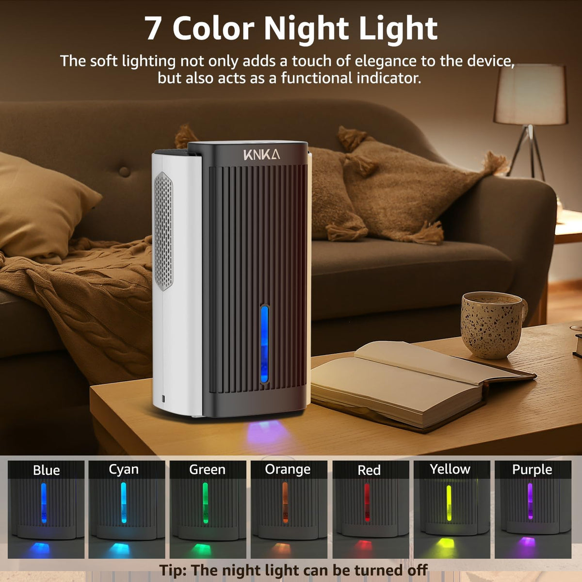 KNKA Dehumidifier,75 OZ Water Tank, (800 sq. ft) Quiet Dehumidifier for Basement, Bathroom, RV, Closet, Bedroom with Auto Shut Off, Sleep Mode,7 Colors LED Light, Dehumidifiers for Home (White/Black) - PuriLite