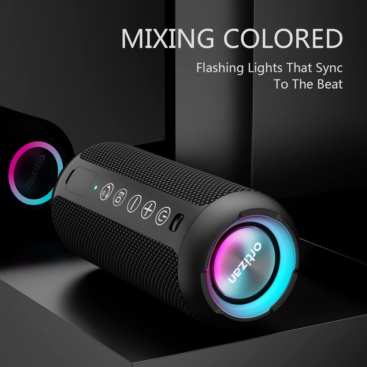Ortizan Portable Bluetooth Speaker: IPX7 Waterproof, 24W Loud Sound, Deep Bass, Bluetooth 5.3, LED Lights, Wireless Stereo Pairing, 30H Playtime, for Home/Outdoor/Party/Beach, Birthday Gift (Black) - PuriLite