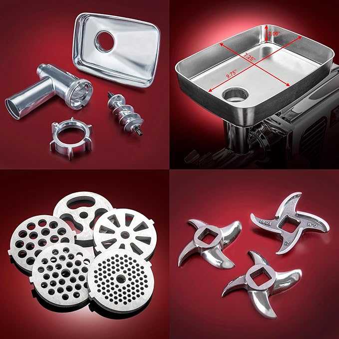 Turboforce 3000 Series 5-in-1 Electric Meat Grinder | 3000W Max | 3-Speed | Size #12 | 5 Grinding Plates | 3 Stainless Steel Blades | Sausage Stuffer | Kubbe Maker & More Included - PuriLite