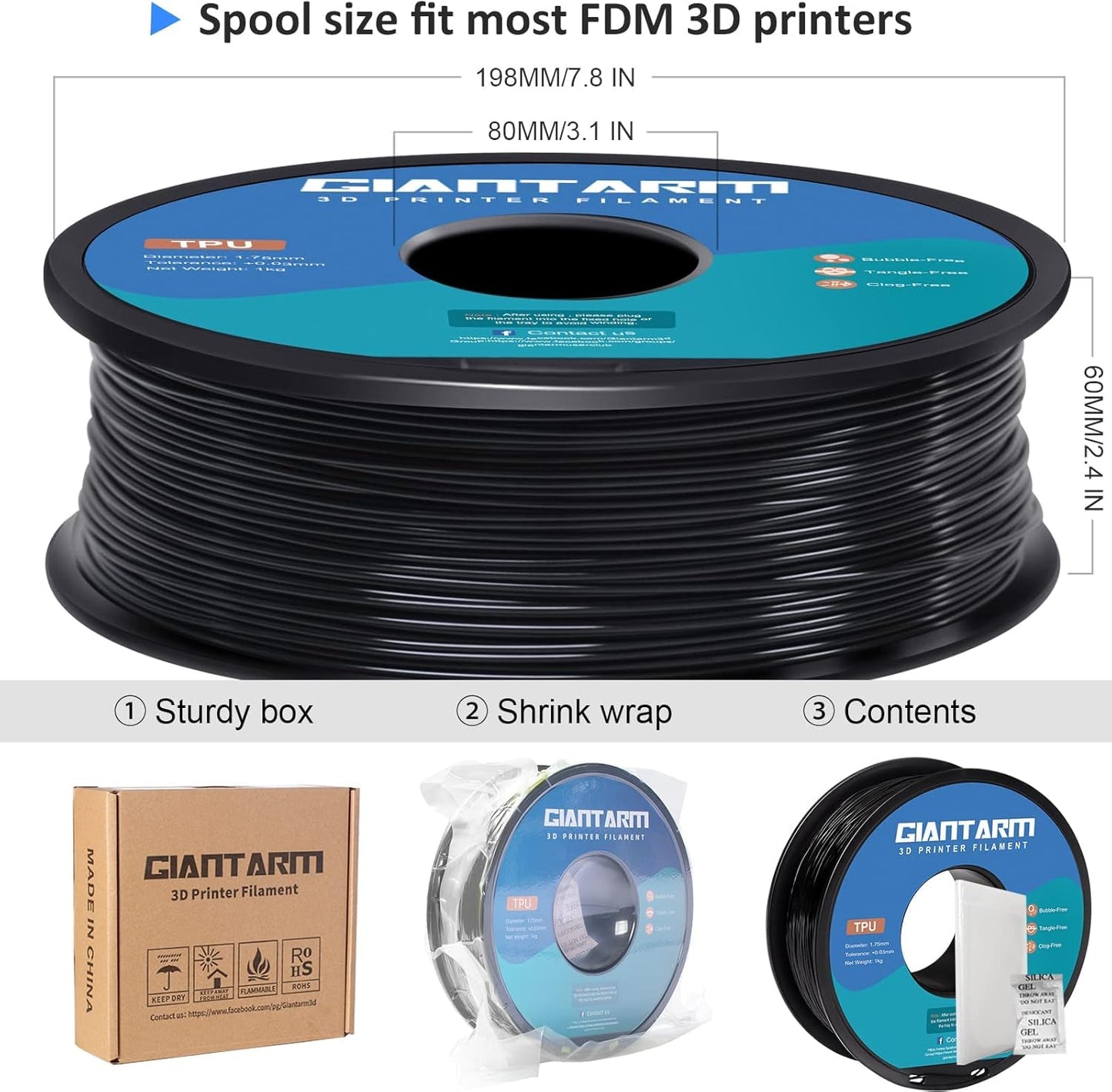 TPU 3D Printer Filament Black, Soft Flexible Filament 95A, Dimensional Accuracy +/-0.05mm, 1KG (2.2LBS), 1.75mm Fit for All 3D Printers, Vacuum Packaging - PuriLite