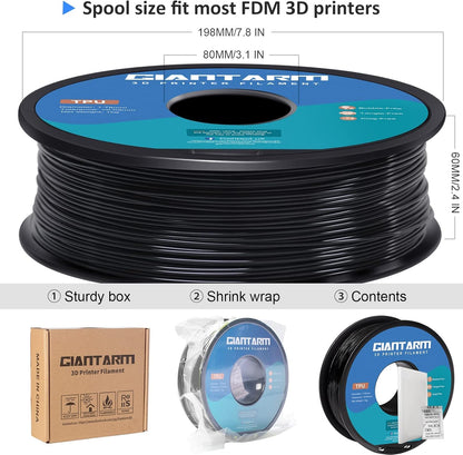 TPU 3D Printer Filament Black, Soft Flexible Filament 95A, Dimensional Accuracy +/-0.05mm, 1KG (2.2LBS), 1.75mm Fit for All 3D Printers, Vacuum Packaging - PuriLite