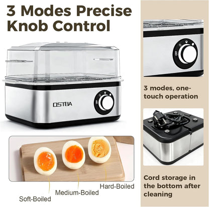 OSTBA 500W Electric Egg Cooker – 8 Egg Capacity – Auto Shut-Off & Buzzer – Stainless Steel Egg Steamer – Hard Boiled, Soft, Medium & Poached Eggs - PuriLite