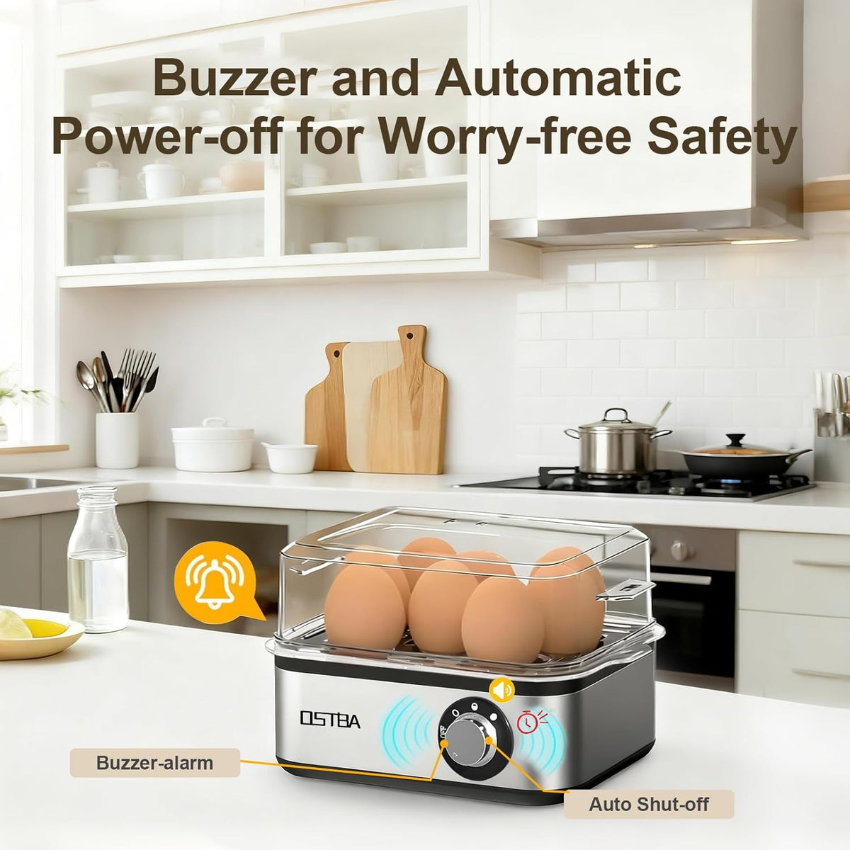 OSTBA 500W Electric Egg Cooker – 8 Egg Capacity – Auto Shut-Off & Buzzer – Stainless Steel Egg Steamer – Hard Boiled, Soft, Medium & Poached Eggs - PuriLite