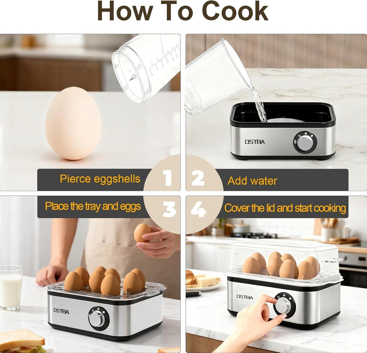 OSTBA 500W Electric Egg Cooker – 8 Egg Capacity – Auto Shut-Off & Buzzer – Stainless Steel Egg Steamer – Hard Boiled, Soft, Medium & Poached Eggs - PuriLite