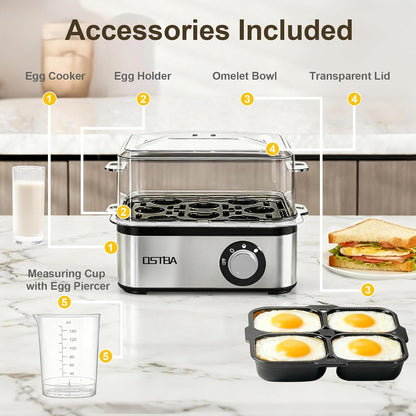 OSTBA 500W Electric Egg Cooker – 8 Egg Capacity – Auto Shut-Off & Buzzer – Stainless Steel Egg Steamer – Hard Boiled, Soft, Medium & Poached Eggs - PuriLite