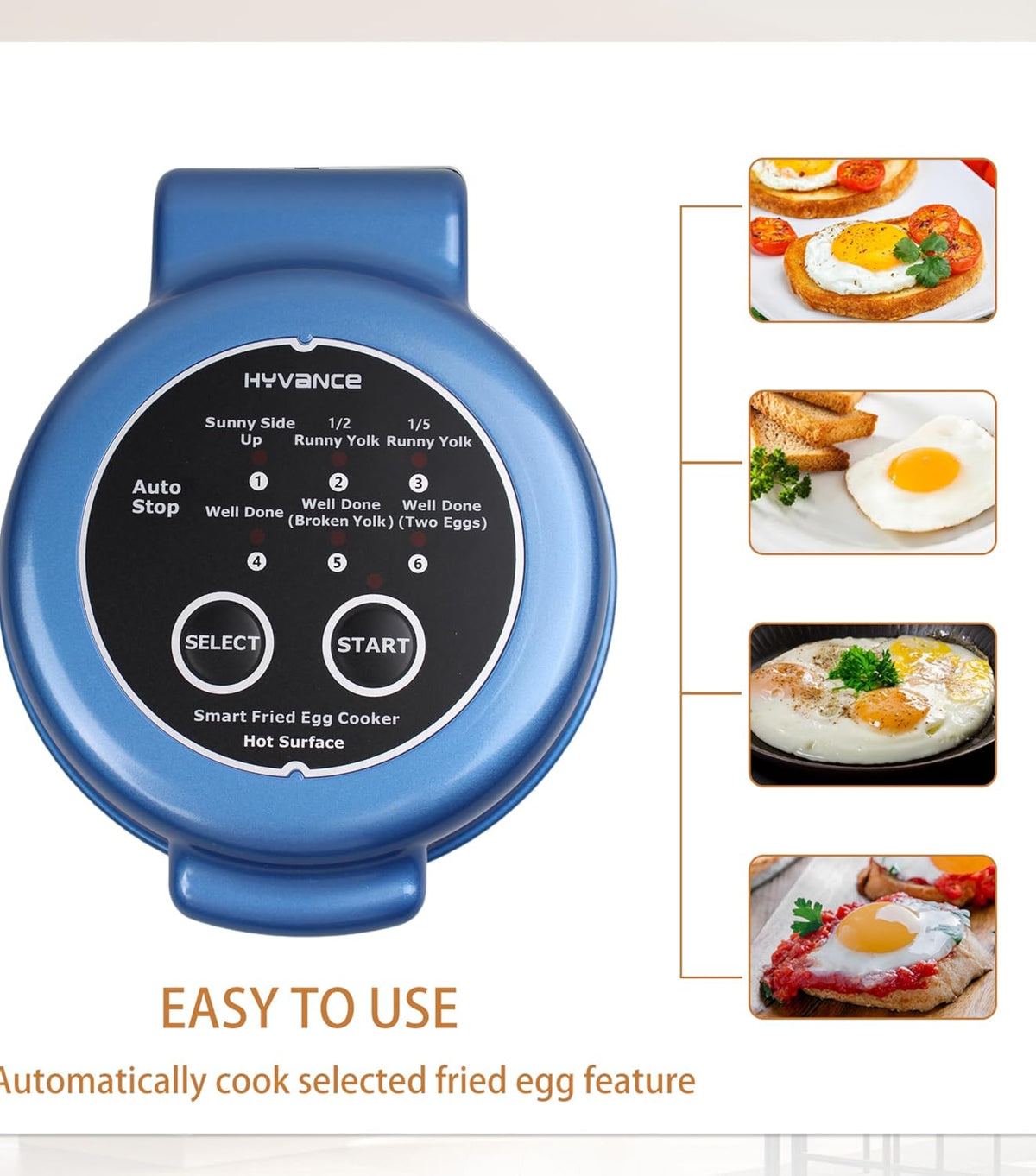 Smart Fried Egg Cooker – Automatic Fried Egg Maker – 6 Egg Modes Sunny Side Up to Fully Cooked – Non-Stick Round Egg Fryer with Auto Power Off & Alarm - PuriLite