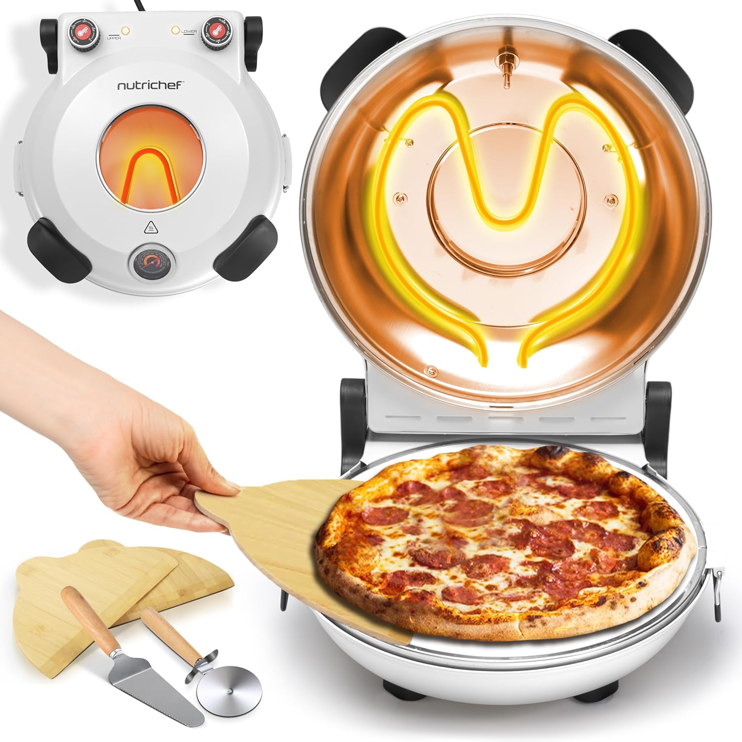 NutriChef Electric Pizza Oven – 1200W Countertop Pizza Maker – 800°F High-Heat Indoor Pizza Oven with Thermometer, Viewing Window & Non-Stick Coating - PuriLite