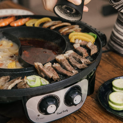 Food Party 2-in-1 Electric Hot Pot & BBQ Grill – Smokeless Indoor Korean BBQ Grill with Dual-Sided Shabu Shabu Hot Pot Divider – 1700W Large Fondue Cooker - PuriLite