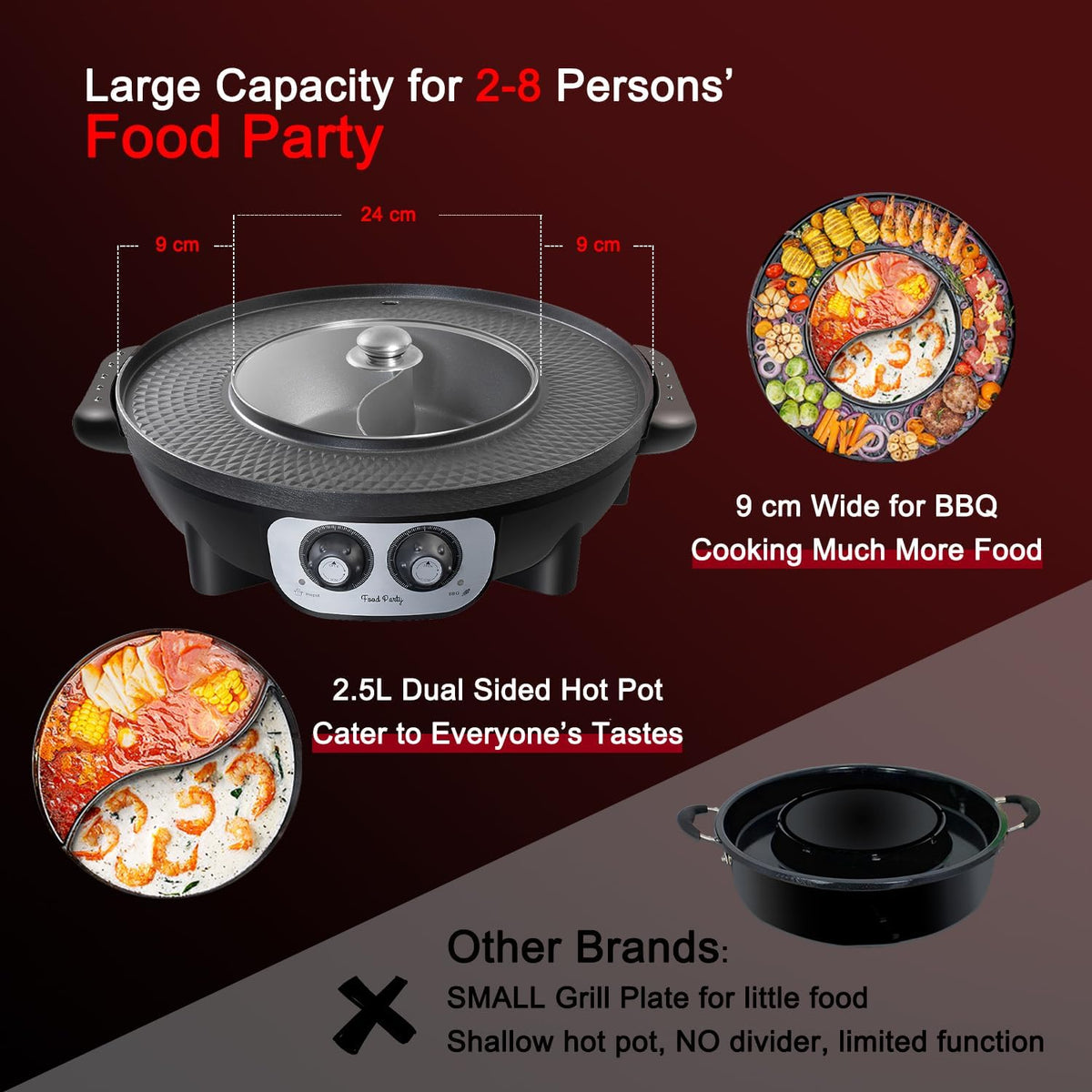 Food Party 2-in-1 Electric Hot Pot & BBQ Grill – Smokeless Indoor Korean BBQ Grill with Dual-Sided Shabu Shabu Hot Pot Divider – 1700W Large Fondue Cooker - PuriLite