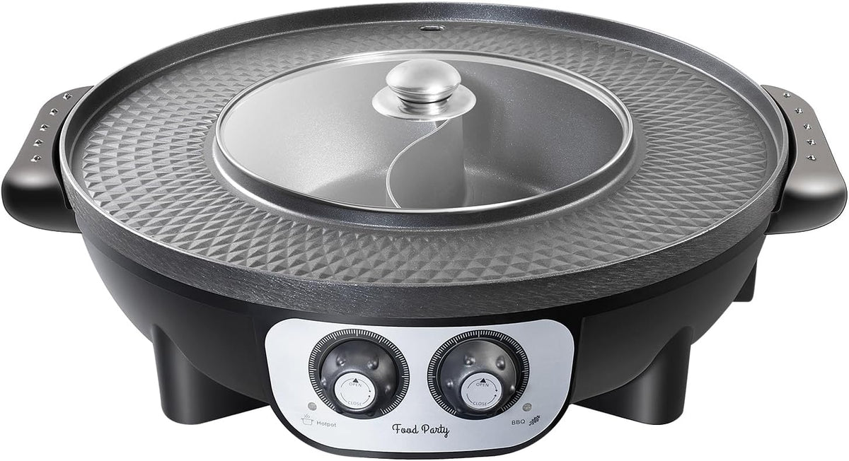 Food Party 2-in-1 Electric Hot Pot & BBQ Grill – Smokeless Indoor Korean BBQ Grill with Dual-Sided Shabu Shabu Hot Pot Divider – 1700W Large Fondue Cooker - PuriLite