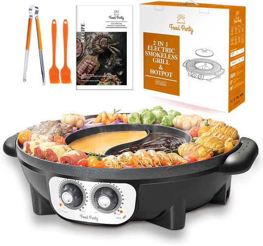 Food Party 2-in-1 Electric Hot Pot & BBQ Grill – Smokeless Indoor Korean BBQ Grill with Dual-Sided Shabu Shabu Hot Pot Divider – 1700W Large Fondue Cooker - PuriLite