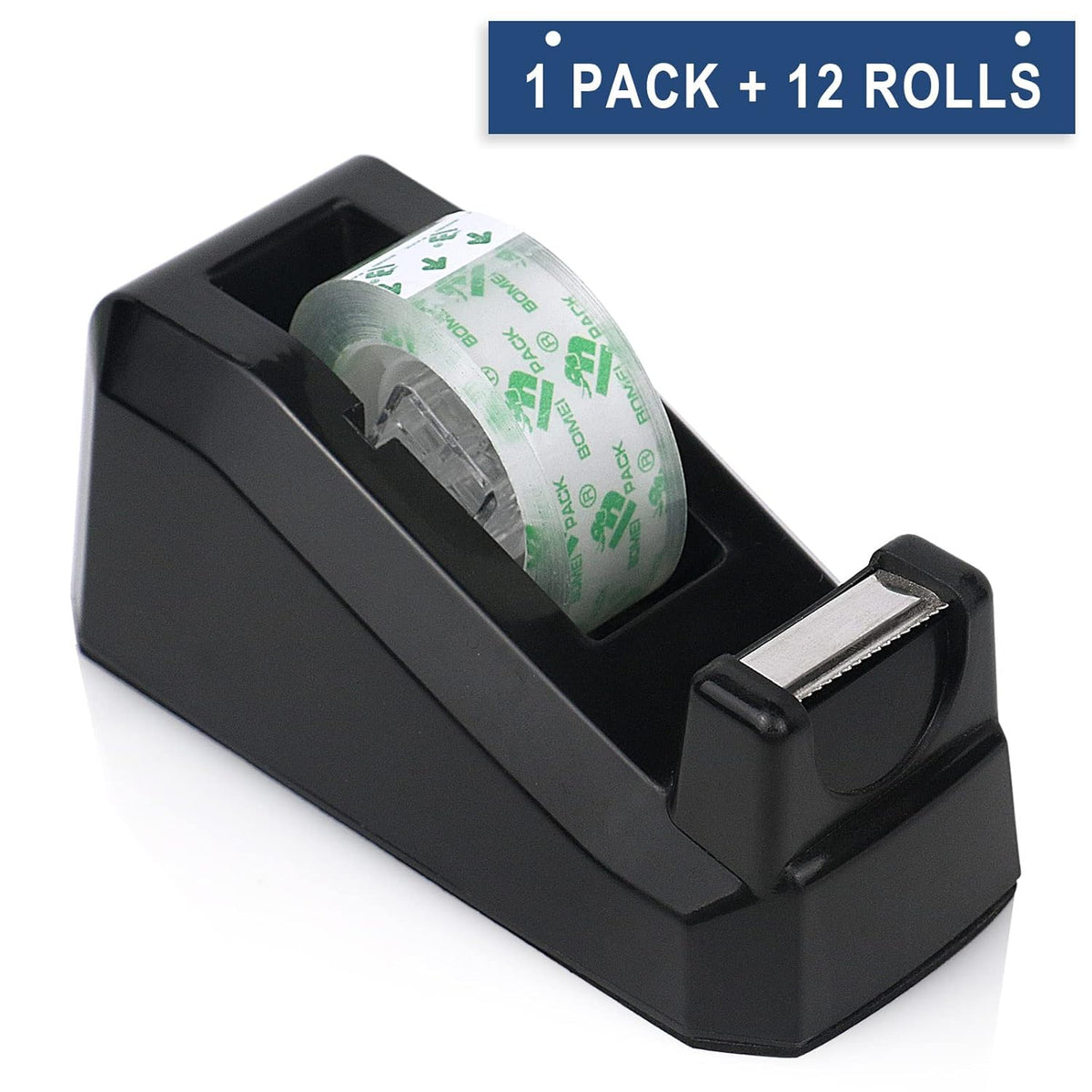 BOMEI PACK Desk Tape Dispenser with 12 Transparent Tape Rolls | 1-Inch Core, Mini Size for Office, School, Home & Gift Wrapping - PuriLite