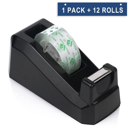 BOMEI PACK Desk Tape Dispenser with 12 Transparent Tape Rolls | 1-Inch Core, Mini Size for Office, School, Home & Gift Wrapping - PuriLite