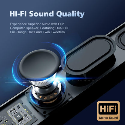 BLUEDEE Computer Speakers for Desktop – 20W HiFi Stereo PC Soundbar with Bluetooth 5.3, AUX-In, Deep Bass, Portable Rechargeable Gaming Speakers - PuriLite