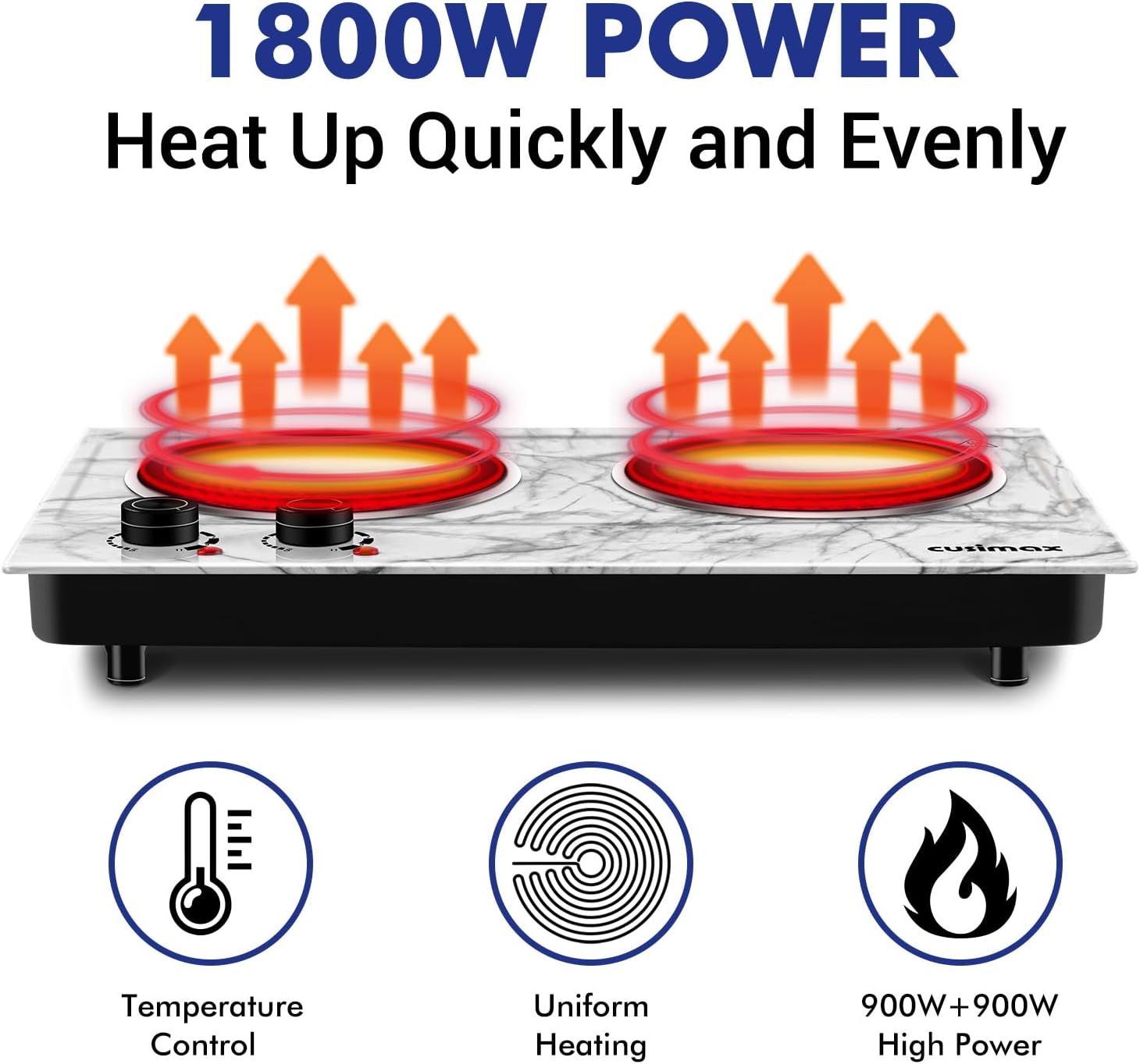 CUSIMAX 1800W Double Burner Hot Plate – Portable Infrared Electric Cooktop, Glass Countertop Stove with Temperature Control, Compatible with All Cookware - PuriLite