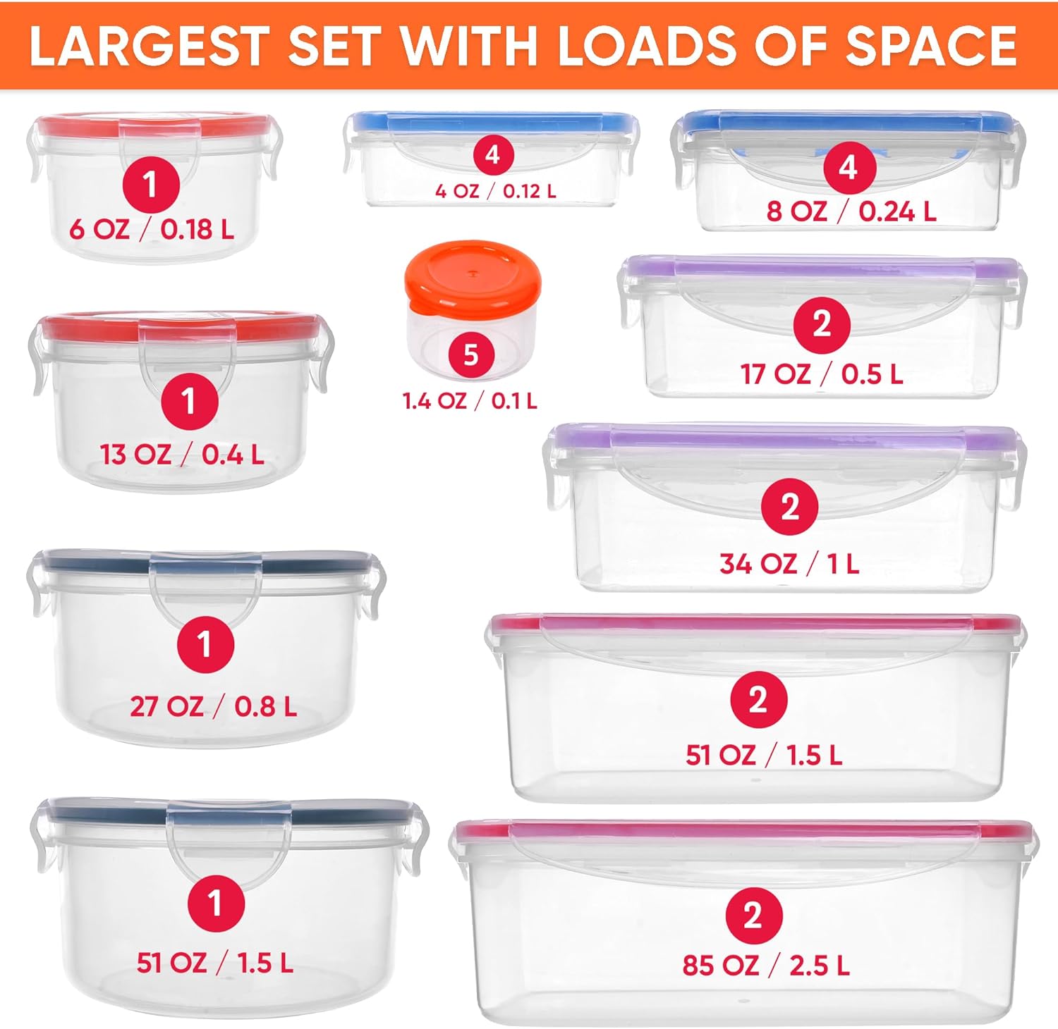 50 Pcs Large Food Storage Containers with Lids Airtight- 2500ML to Sauces Box-Total15.5L Stackable Kitchen Bowls Set Meal Prep Containers-BPA Free Leak proof Plastic Lunch Boxes-Freezer Microwave safe - PuriLite