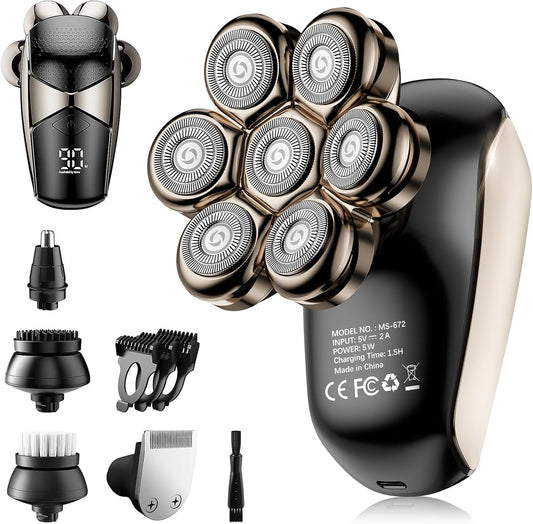 Detachable Head Shavers, SHPAVVER 5-in-1 Electric Razor IPX7 Waterproof for Bald Men, Wet/Dry LED Display Rechargeable 7D Rotary Shaver Grooming Kit with Type-C Charge (A) - PuriLite