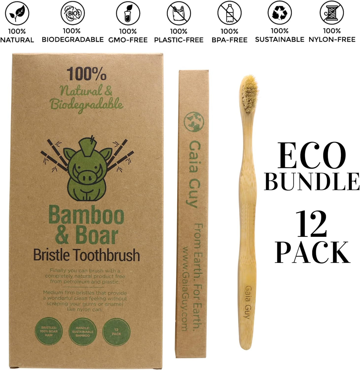 Gaia Guy Natural Bristle Bamboo Toothbrush with Boar Bristles - Totally Biodegradable and Compostable - No Nylon Toothbrushes - Zero Waste 12-Pack - PuriLite