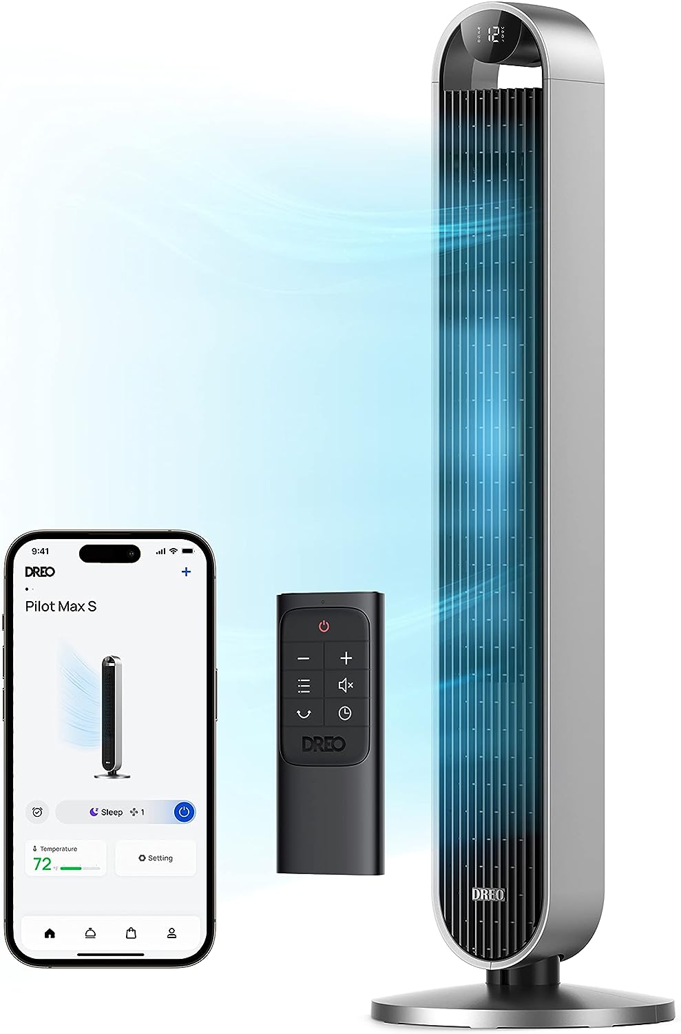 Dreo Pilot Max 120° Oscillating Tower Fan, 42 Inch Bladeless Fan for Bedroom, 25dB Quiet DC Motor, Standing Fan with Remote, 12 Hyper Wind Speeds, 4 Modes, 12H Timer Floor Fans for Home Living Room - PuriLite