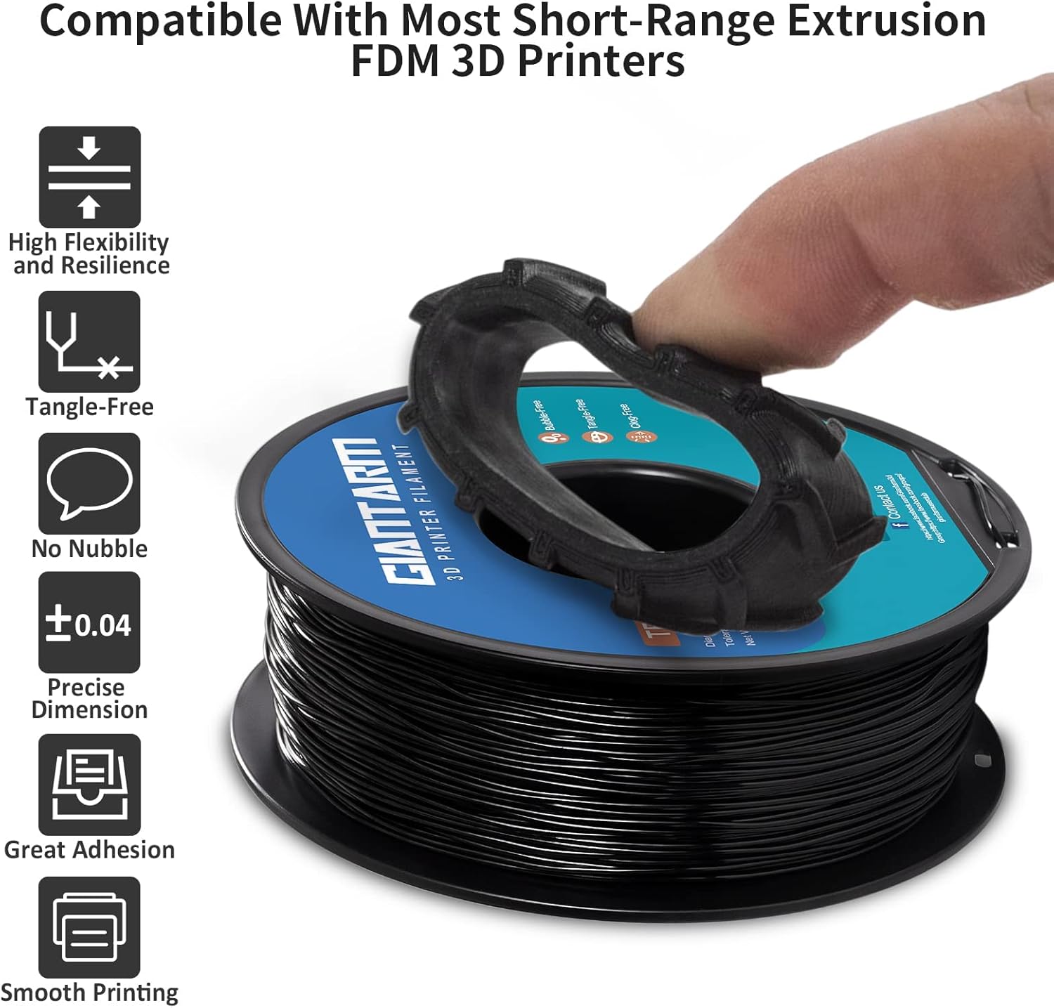 TPU 3D Printer Filament Black, Soft Flexible Filament 95A, Dimensional Accuracy +/-0.05mm, 1KG (2.2LBS), 1.75mm Fit for All 3D Printers, Vacuum Packaging - PuriLite