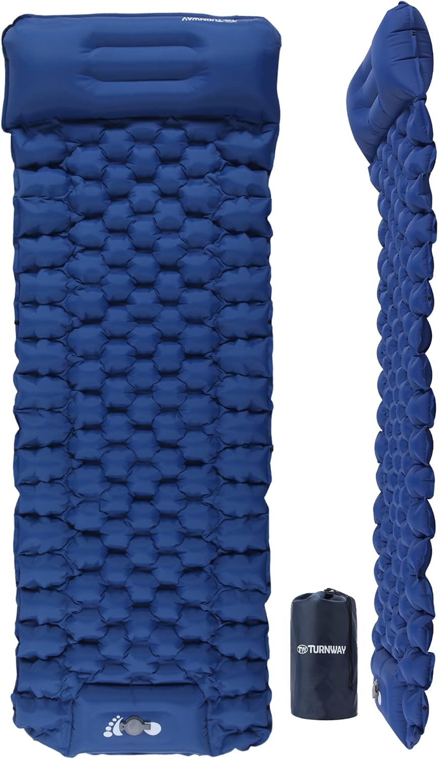 Self Inflating Camping Sleeping Pad Foot Press Inflatable Pad Air Mattress with Pillow for Backpacking, Hiking, Camping, Traveling (Blue) - PuriLite