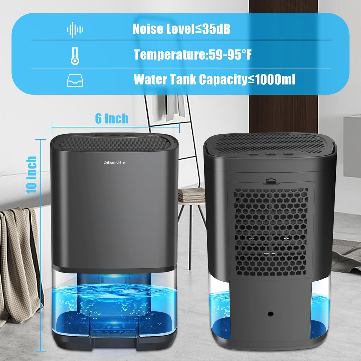 Gocheer Dehumidifiers for Bedroom 35oz Small Dehumidifier for Home 2500 Cubic Feet(350sq ft) with 7 LED Lights, Ultra Quiet & Auto Shut Off Dehumidifier for Bathroom Basement Closet Garage RV, Black - PuriLite