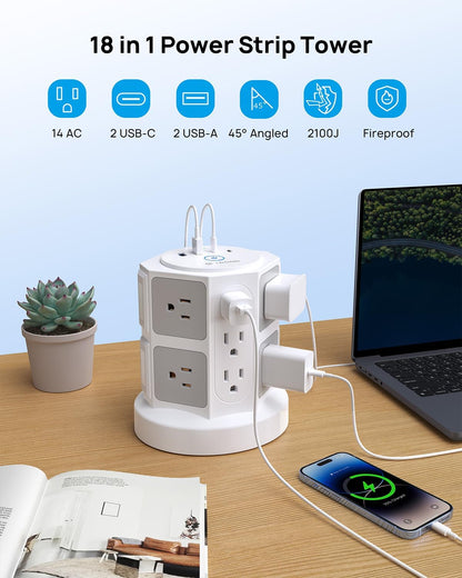 TROND Tower Power Bar Surge Protector with USB C, 14 Widely Spaced Outlets, 6ft Flat Plug Extension Cord Indoor, Vertical Desk Charging Station for Home Office Dorm Room Essentials, White - PuriLite