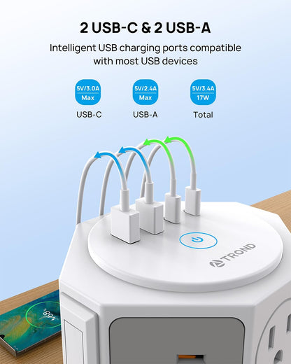 TROND Tower Power Bar Surge Protector with USB C, 14 Widely Spaced Outlets, 6ft Flat Plug Extension Cord Indoor, Vertical Desk Charging Station for Home Office Dorm Room Essentials, White - PuriLite