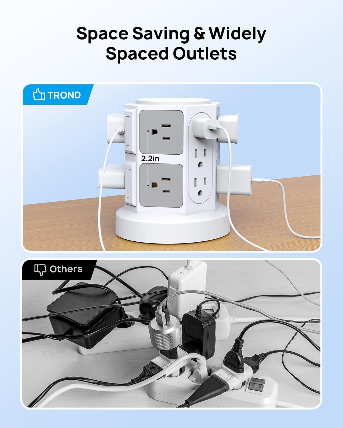 TROND Tower Power Bar Surge Protector with USB C, 14 Widely Spaced Outlets, 6ft Flat Plug Extension Cord Indoor, Vertical Desk Charging Station for Home Office Dorm Room Essentials, White - PuriLite