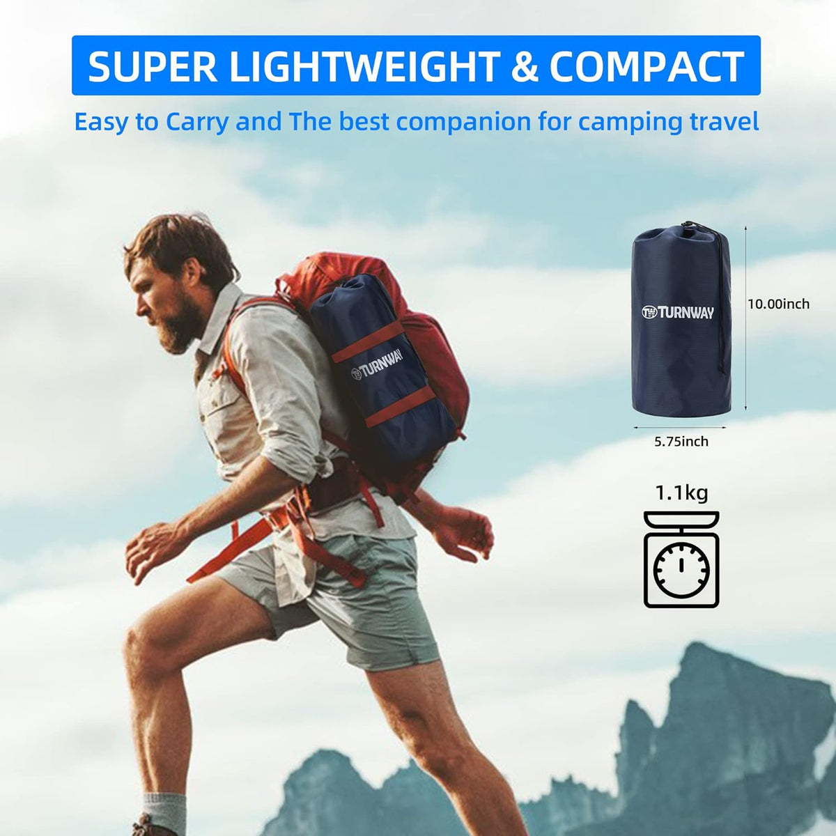Self Inflating Camping Sleeping Pad Foot Press Inflatable Pad Air Mattress with Pillow for Backpacking, Hiking, Camping, Traveling (Blue) - PuriLite