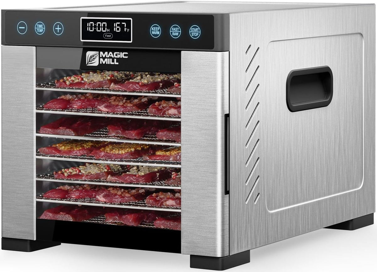 Magic Mill Pro Food Dehydrator Machine | 7 Stainless Steel Trays | Dryer for Jerky, Dog Treats, Herb, Meat, Beef, Fruit | Keep Warm Function, Digital Timer and Temperature Control, ETL Approved - PuriLite